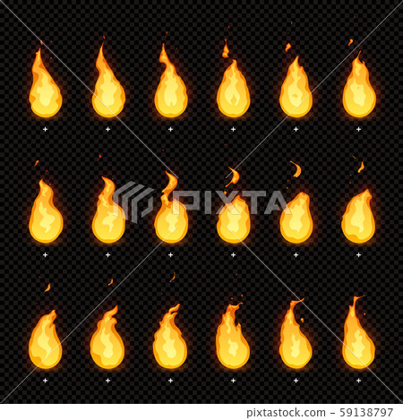 Fire animation. Flaming flame, fiery blaze and animated blazing fire flames isolated vector 59138797