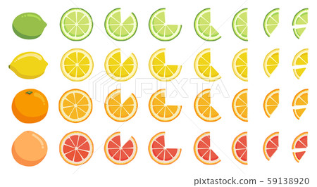 Vitamin C. Set of vector elements. Bright fresh ripe juicy whole and cut citrus fruit and slices 59138920