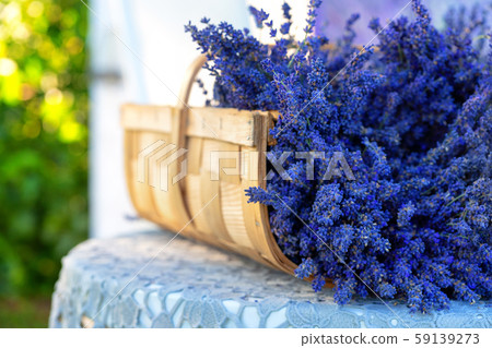 Lavender in a wicker basket in summer Lavender in a wicker basket in summer 59139273