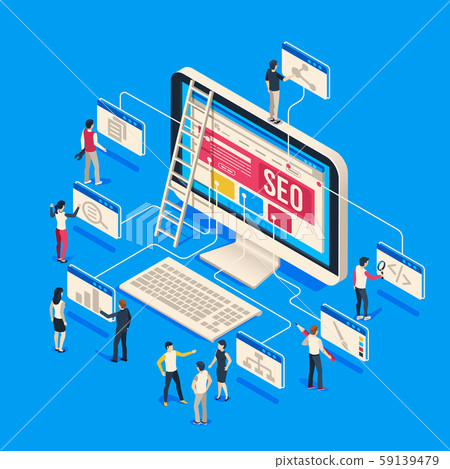Isometric seo agency. Creative people startup develop team creating together on computer. 3d seo Isometric seo agency. Creative people startup develop team creating together on computer. 3d seo 59139479