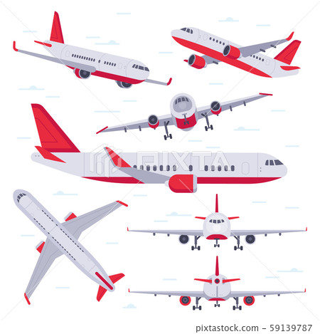 Flat airplane. Aircraft flight travel, aviation wings and landing airplanes isolated vector Flat airplane. Aircraft flight travel, aviation wings and landing airplanes isolated vector 59139787