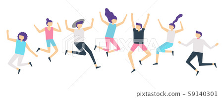 Jumping people. Active adults friends group jump. Happy female and male characters jumped and laugh 59140301