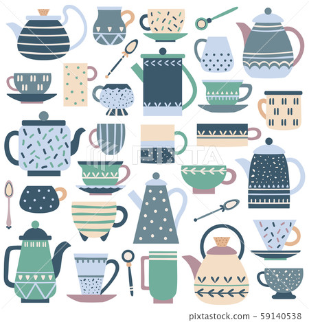 Ceramic kitchen teacup. Porcelain tea service, china teapot and plate dishes vector set Ceramic kitchen teacup. Porcelain tea service, china teapot and plate dishes vector set 59140538