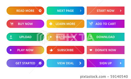Gradient buttons. Rectangular next page button, read more and add to cart icon colorful gradients 59140540