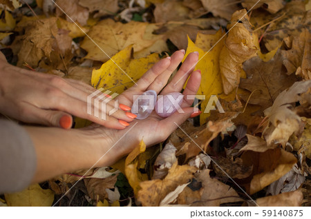 Female hands with orange manicure holding two yoni eggs made from pink quartz and transparent violet 59140875