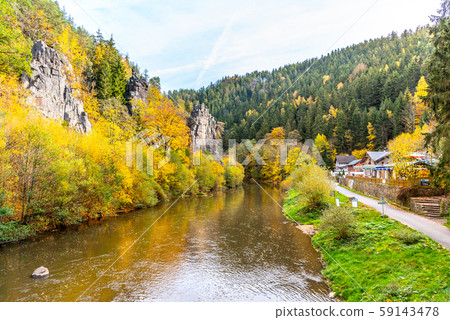 Svatos Rocks, Czech: Svatosske skaly, above Ohre River at autumn time, Czech Republic Svatos Rocks, Czech: Svatosske skaly, above Ohre River at autumn time, Czech Republic 59143478