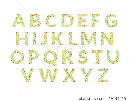 Green Floral Alphabet, Font Uppercase Letters Made of Leaves and Flowers Pattern Vector Illustration 59144419