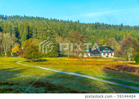 Mountain village Kladska with typical wooden houses. Kladska, Czech Republic 59144484