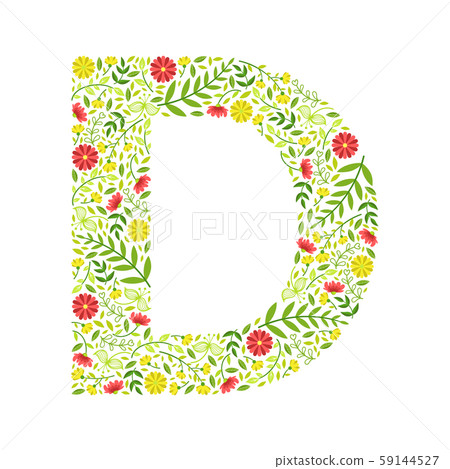 Capital Letter D, Green Floral Alphabet Element, Font Uppercase Letter Made of Leaves and Flowers 59144527