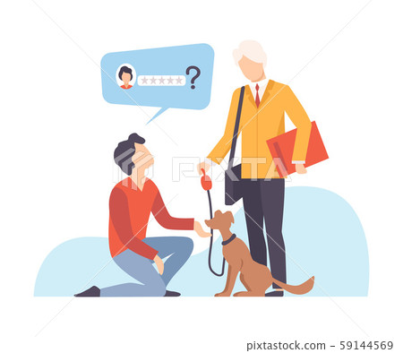 Man takes his dog from a dog handler who asks to leave a review vector illustration 59144569