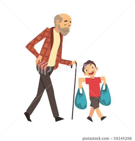 Boy helps grandfather bring packages cartoon vector illustration 59145206