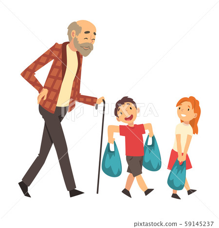 Children help grandfather bring packages cartoon vector illustration 59145237