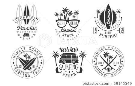 Summer Surf Club Retro Logo Templates Set, Hawaii Surfing Beach Paradise Monochrome Badges Vector 59145549