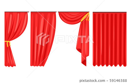 Red Curtains Set, Luxury Interior Drapery, Cornice Decor Vector Illustration 59146388