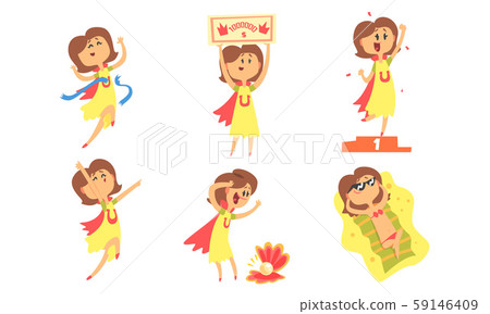 Collection of Happy Lucky Girl Cartoon - Stock Illustration