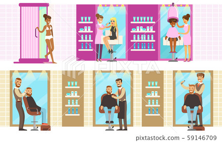 Beauty Salon Interior with Workers and Clients Set, Men and Women Having Defferent Treatment Beauty Salon Interior with Workers and Clients Set, Men and Women Having Defferent Treatment 59146709