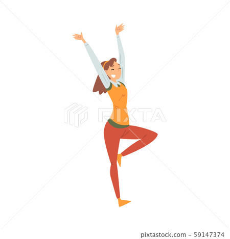 Woman in office clothes joyfully runs and hands up cartoon vector illustration 59147374