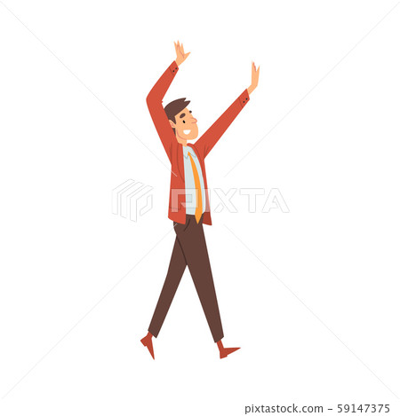 Man in office clothes joyfully goes and waves hands cartoon vector illustration 59147375
