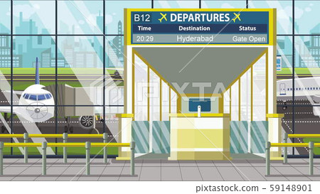 Flight to Hyderabad on airport departure board. Trip to Pakistan cartoon illustration 59148901