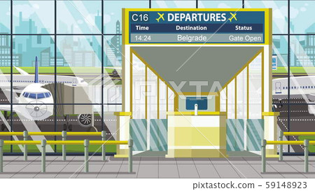 Departure board in the airport terminal with Belgrade caption. Travel to Serbia cartoon illustration Departure board in the airport terminal with Belgrade caption. Travel to Serbia cartoon illustration 59148923