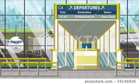 Airport departure board with Antananarivo caption. Travel in Madagascar related cartoon illustration Airport departure board with Antananarivo caption. Travel in Madagascar related cartoon illustration 59148926