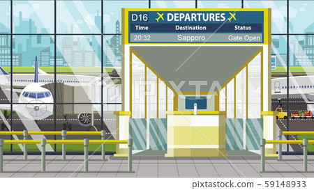 Airport terminal. Departure board above the gate with Sapporo text. Travel to Japan cartoon Airport terminal. Departure board above the gate with Sapporo text. Travel to Japan cartoon 59148933