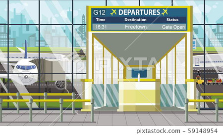 Airport gate. Departure board with Freetown text. Travel to Sierra leone related cartoon Airport gate. Departure board with Freetown text. Travel to Sierra leone related cartoon 59148954