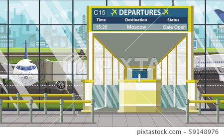 Departure board in the airport terminal with Moscow caption. Travel to Russia cartoon illustration Departure board in the airport terminal with Moscow caption. Travel to Russia cartoon illustration 59148976