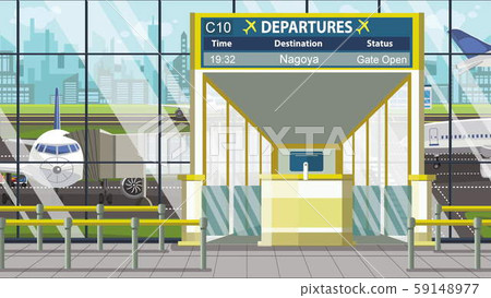 Departure board in the airport terminal with Nagoya caption. Travel to Japan cartoon illustration Departure board in the airport terminal with Nagoya caption. Travel to Japan cartoon illustration 59148977