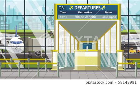 Airport gate. Departure board with Rio de Janeiro text. Travel to Brazil related cartoon 59148981