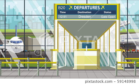 Flight to Dresden on airport departure board. Trip to Germany cartoon illustration 59148998