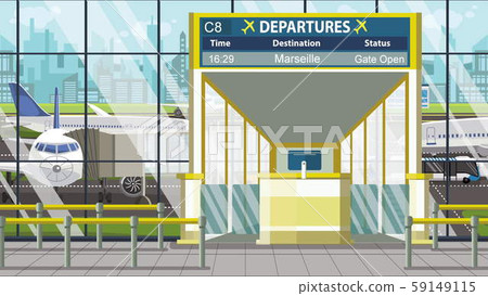 Airport gate. Departure board with Marseille text. Travel to France related cartoon illustration Airport gate. Departure board with Marseille text. Travel to France related cartoon illustration 59149115