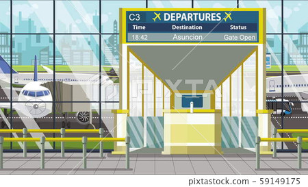Airport terminal. Departure board above the gate with Asuncion text. Travel to Paraguay cartoon Airport terminal. Departure board above the gate with Asuncion text. Travel to Paraguay cartoon 59149175
