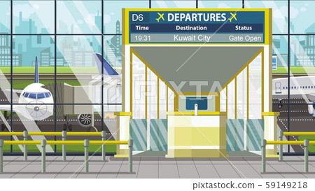 Airport gate. Departure board with Kuwait city text. Travel to Kuwait related cartoon illustration Airport gate. Departure board with Kuwait city text. Travel to Kuwait related cartoon illustration 59149218