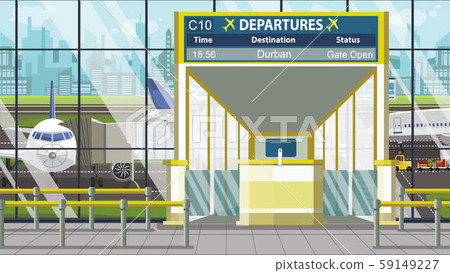 Airport terminal. Departure board above the gate with Durban text. Travel to South africa cartoon Airport terminal. Departure board above the gate with Durban text. Travel to South africa cartoon 59149227