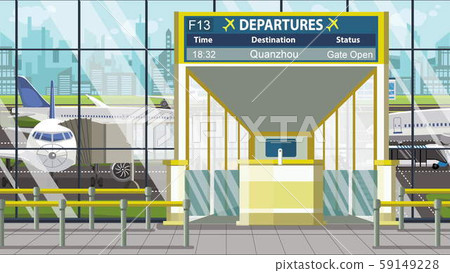 Departure board in the airport terminal with Quanzhou caption. Travel to China cartoon illustration 59149228