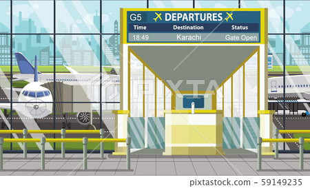 Airport terminal. Departure board above the gate with Karachi text. Travel to Pakistan cartoon Airport terminal. Departure board above the gate with Karachi text. Travel to Pakistan cartoon 59149235