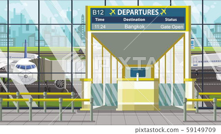 Flight to Bangkok on airport departure board. Trip to Thailand cartoon illustration Flight to Bangkok on airport departure board. Trip to Thailand cartoon illustration 59149709