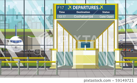 Flight to Cochabamba on airport departure board. Trip to Bolivia cartoon illustration Flight to Cochabamba on airport departure board. Trip to Bolivia cartoon illustration 59149721