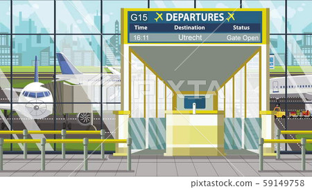 Flight to Utrecht on airport departure board. Trip to Netherlands cartoon illustration Flight to Utrecht on airport departure board. Trip to Netherlands cartoon illustration 59149758