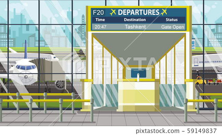 Airport terminal. Departure board above the gate with Tashkent text. Travel to Uzbekistan cartoon Airport terminal. Departure board above the gate with Tashkent text. Travel to Uzbekistan cartoon 59149837