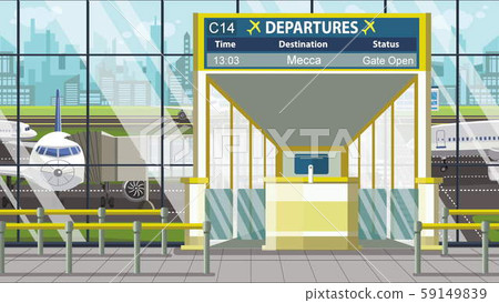 Flight to Mecca on airport departure board. Trip to Saudi arabia cartoon illustration Flight to Mecca on airport departure board. Trip to Saudi arabia cartoon illustration 59149839