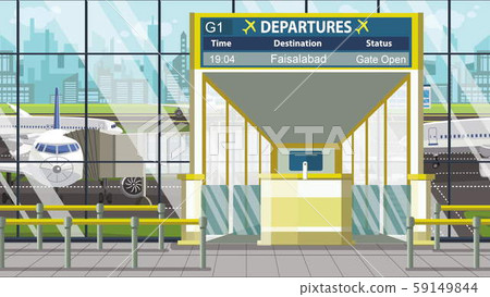 Airport gate. Departure board with Faisalabad text. Travel to Pakistan related cartoon illustration Airport gate. Departure board with Faisalabad text. Travel to Pakistan related cartoon illustration 59149844