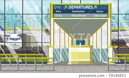 Airport departure board with Hiroshima caption. Travel to Japan related cartoon illustration Airport departure board with Hiroshima caption. Travel to Japan related cartoon illustration 59149853