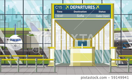Airport terminal. Departure board above the gate with Sofia text. Travel to Bulgaria cartoon 59149941