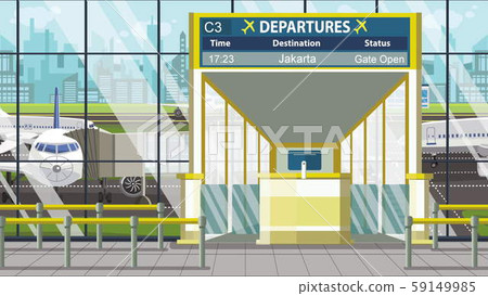 Airport terminal. Departure board above the gate with Jakarta text. Travel to Indonesia cartoon 59149985