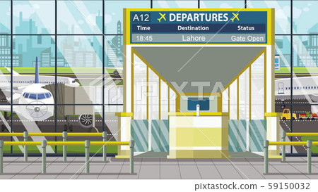 Flight to Lahore on airport departure board. Trip to Pakistan cartoon illustration 59150032
