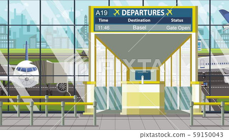 Departure board in the airport terminal with Basel caption. Travel to Switzerland cartoon Departure board in the airport terminal with Basel caption. Travel to Switzerland cartoon 59150043