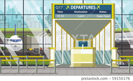 Flight to Lyon on airport departure board. Trip to France cartoon illustration 59150176