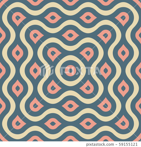 Entangled lines and dots forming middle eyes seamless vector geometry pattern in modern, stylish, minimal fashion. Abstract tiles repeat endlessly to create perfect pattern, wallpaper, or background. 59155121